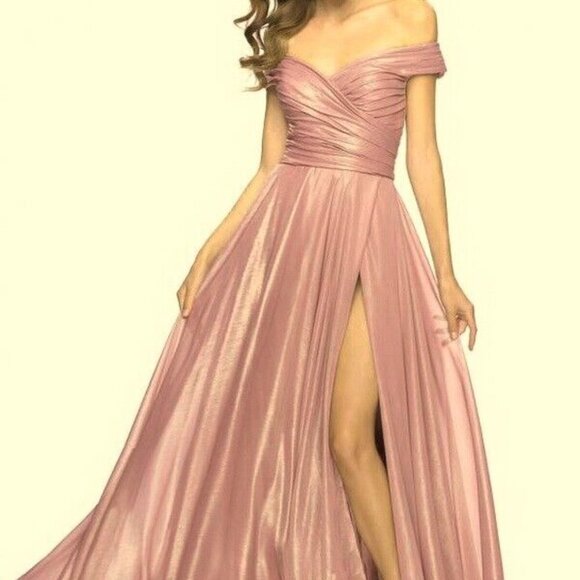 La Femme Pink Metallic Iridescent Off the Shoulder Chiffon Gown